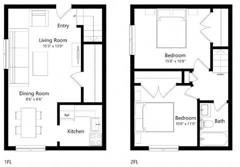 Floor plan for 2 beds, 1 bath, 840 sqft